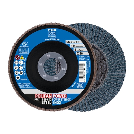 Pferd 4-1/2" x 7/8" A.H. POLIFAN Flap Disc - Z SG POWER STEELOX, Zirconia, 80 Grit, Conical 62220